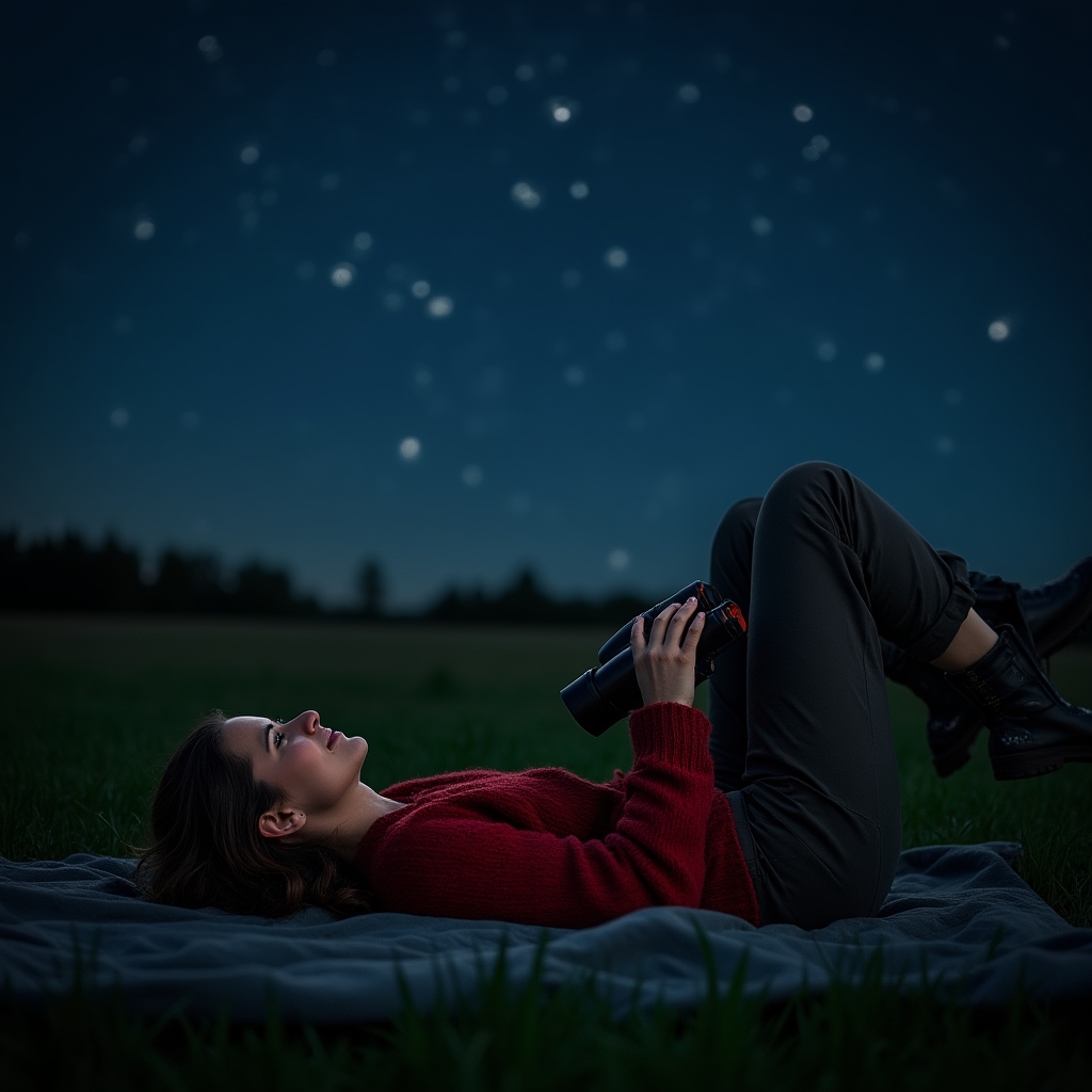 Obserwacja nieba przez lornetkę na polskiej łące nocą